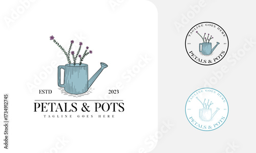 Vintage elegant garden logo, gardening vector with watering can and growing plant concept