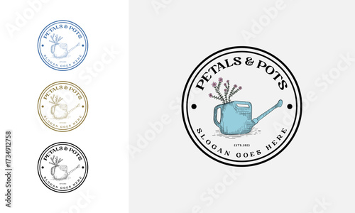 Vintage elegant garden logo, gardening vector with watering can and growing plant concept