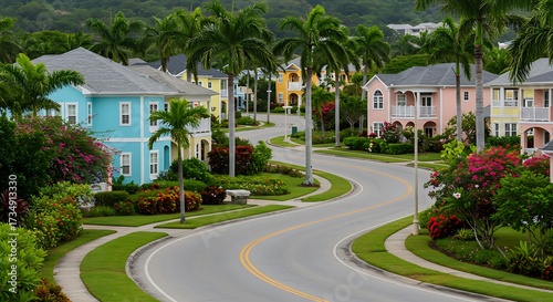 Residential neighborhood with colorful houses and winding street under sunlight