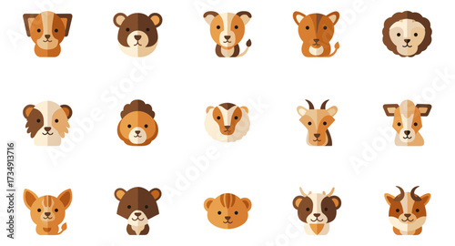 Cute animal head icon set of wildlife and pets isolated on transparent background vector illustration