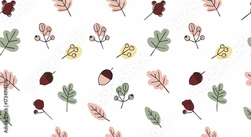 A charming, hand-drawn seamless pattern featuring autumnal elements like leaves, acorns, and berries in a soft, pastel color palette on a white background