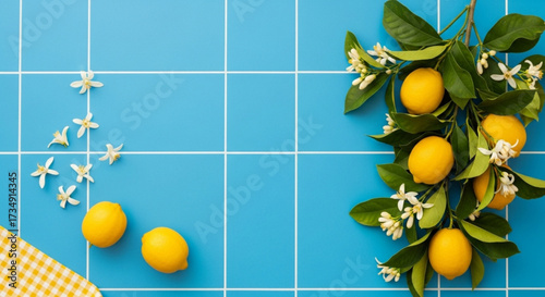 Lemons and Blossoms, Food Arrangement, Blue Background, Photography, Fresh Ingredients, Top View, Culinary Delight