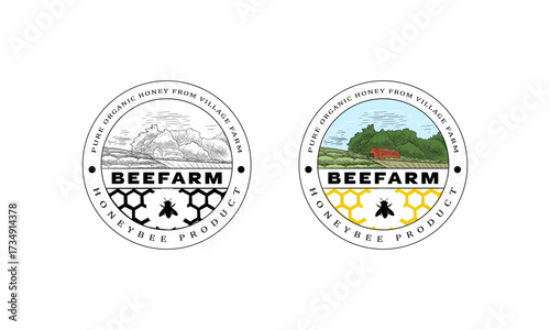 Vintage honey farm hand drawn logo template, Natural honey badge. Bees farm label, vintage honey product hand drawn badges and bee emblem.