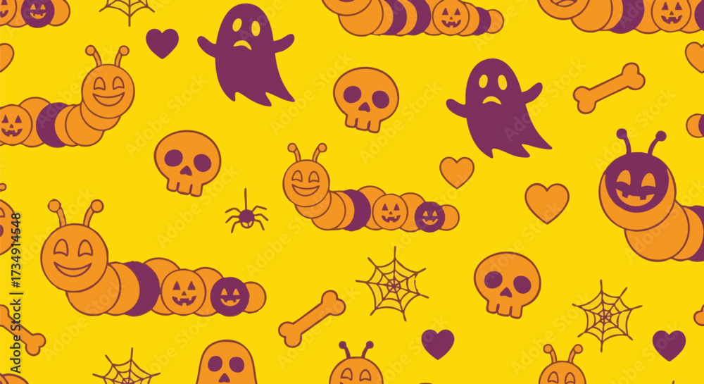 Fototapeta premium A cheerful Halloween-themed seamless pattern featuring cute cartoon caterpillars with pumpkin faces, purple ghosts, skulls, and spiderwebs on a vibrant yellow background