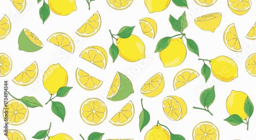 A cheerful, hand-drawn pattern featuring whole lemons, lemon slices, and lime slices with vibrant green leaves scattered on a clean white background