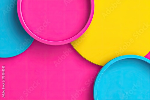Vibrant circles in hot pink, bright yellow, and cyan.  Layered, overlapping circular shapes create a 3D effect
