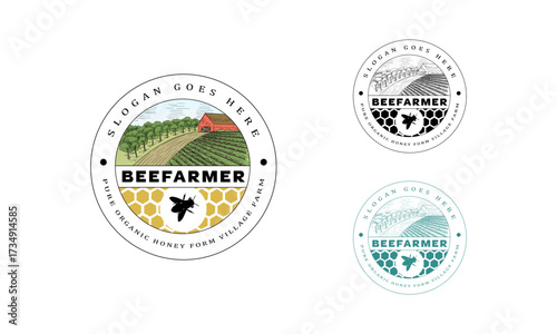 Vintage honey farm hand drawn logo template, Natural honey badge. Bees farm label, vintage honey product hand drawn badges and bee emblem.
