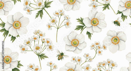 A delicate seamless floral pattern with white anemone flowers and bees. This elegant botanical illustration is ideal for spring or summer themes