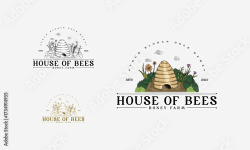 Vintage honey farm hand drawn logo template, Natural honey badge. Bees farm label, vintage honey product hand drawn badges and bee emblem.