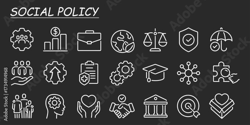 Set of Social Policy and Insurance line icons. Outline icon collection related to education, insurance, law, goverment and more.