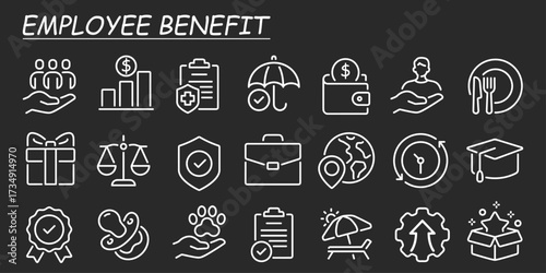 Employee Reward icon set. Contains outline symbols like employee benefit, benefit, bonus, gift, reward and more. Benefits vector line icon set. Web icons pack. Editable vector illustration.