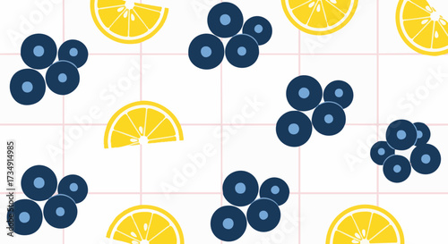 A refreshing, seamless pattern featuring illustrated lemons and blueberries