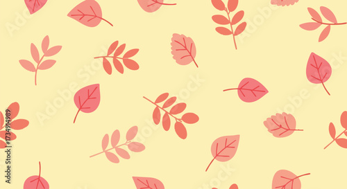 A repeating pattern featuring stylized pink and red leaves scattered on a soft yellow background