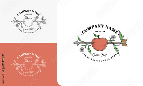 Apple with arrow engraving. Arrow-pierced apples target vintage hand drawn success concept for sport love business tattoo vector illustration
