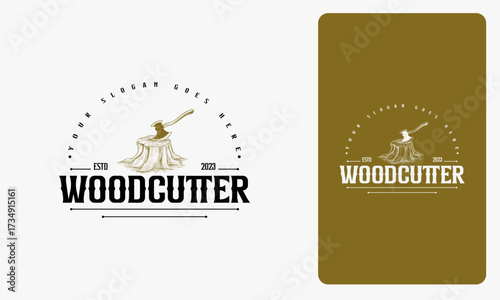 Lumberjack logo design, vintage style axe and tree cutting logo illustration