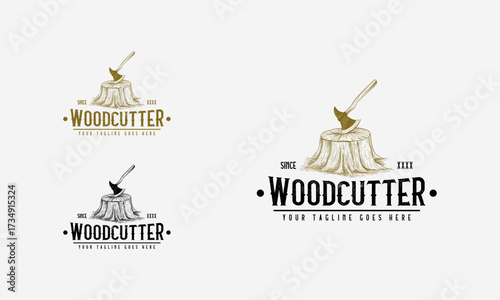 Lumberjack logo design, vintage style axe and tree cutting logo illustration