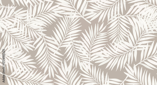 A seamless pattern of stylized palm leaves in a muted, monochromatic palette