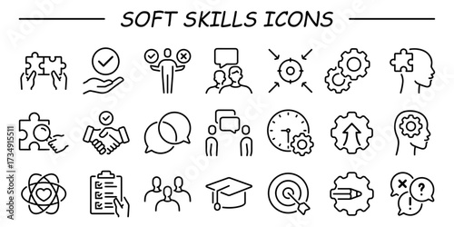 Soft Skills icon set containing team leadership, cultural, stress relief, flexibility, humility, prioritization, assertiveness, goal setting, communication, simple vector line icons.