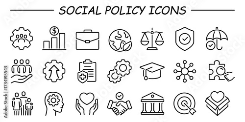 Set of Social Policy and Insurance line icons. Outline icon collection related to education, insurance, law, goverment and more.