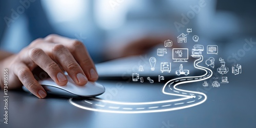 Hand operating a computer mouse over a projected roadmap