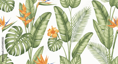 A vibrant seamless pattern featuring lush tropical foliage and exotic flowers like Strelitzia and hibiscus