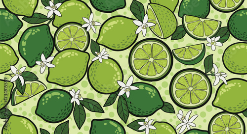 A vibrant seamless pattern of illustrated limes. This fun, fresh citrus background includes whole fruit, slices, and blossoms for a summery feel