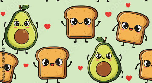 Adorable seamless pattern featuring happy cartoon avocados and toast slices with red hearts on a light green background