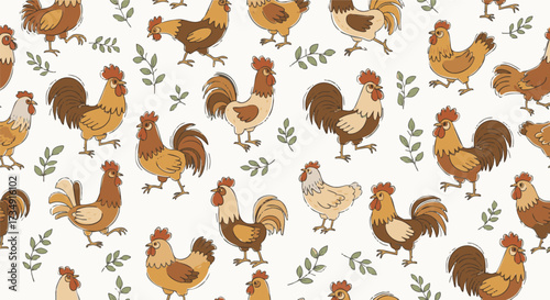 Charming seamless pattern featuring various hand-drawn cartoon chickens, roosters, and hens walking, interspersed with green leaves