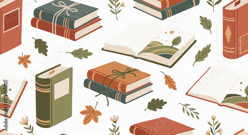 Charming seamless pattern featuring vintage-style books, autumn leaves, and delicate flowers, perfect for cozy reading themes and educational backgrounds