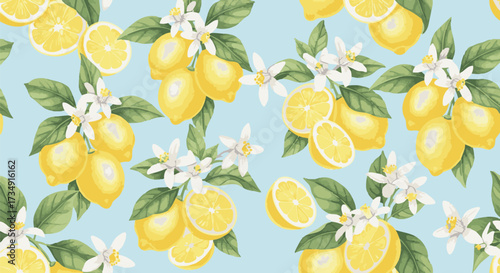 Cheerful lemon seamless pattern on light blue background