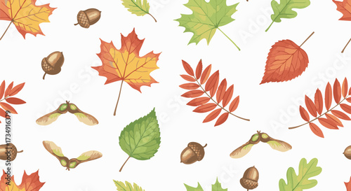 Colorful autumn leaves and acorns seamless pattern. Fall season illustration with maple, oak, rowan leaves, and seeds on white