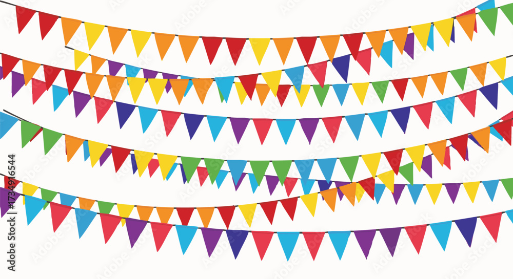 Obraz premium Colorful triangular party flags strung together on lines against a white background. This festive decoration conveys celebration, joy, and good times