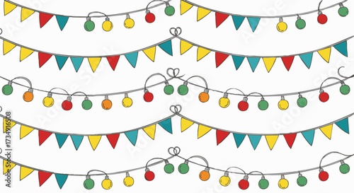 Colorful string lights and festive pennant banners create a cheerful, celebratory atmosphere. Ideal for parties, holidays, and event decorations
