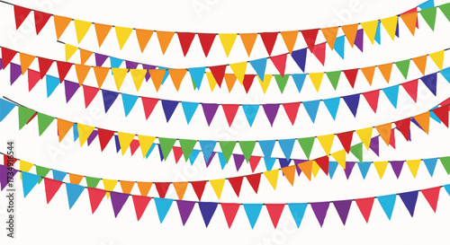 Colorful triangular party flags strung together on lines against a white background. This festive decoration conveys celebration, joy, and good times