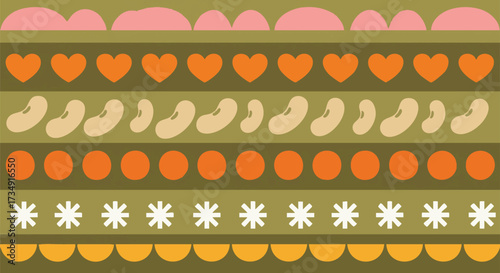 Colorful vector pattern with horizontal stripes and folk-art inspired elements like hearts, kidney beans, and circles