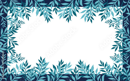 Blue and Teal Leaf Border Frame on PNG Transparent Background