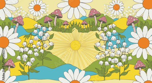 Colorful, whimsical illustration of a summer landscape featuring large daisies, pink mushrooms, and lily of the valley plants