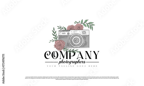 Camera with flower illustration for photography logo, hand drawn vintage Photography logo
