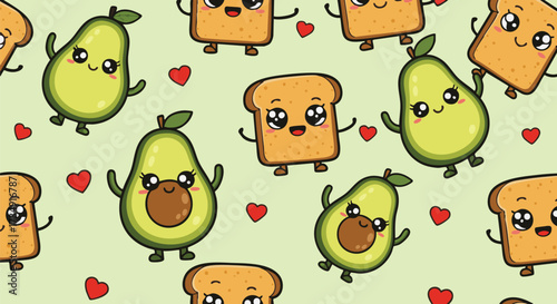 Cute cartoon seamless pattern featuring happy avocado and toast bread characters smiling brightly