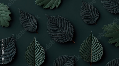 Dark green leaves arranged on a surface creating an organic pattern