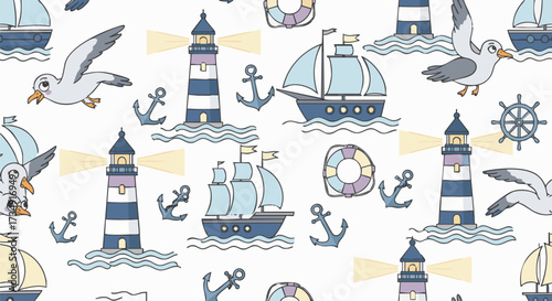 Cute nautical seamless pattern design. Featuring sailboats, lighthouses, seagulls, anchors, and life preservers