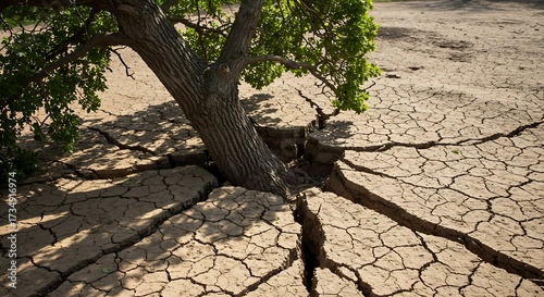 Resilient tree growing in dry cracked earth representing climate change