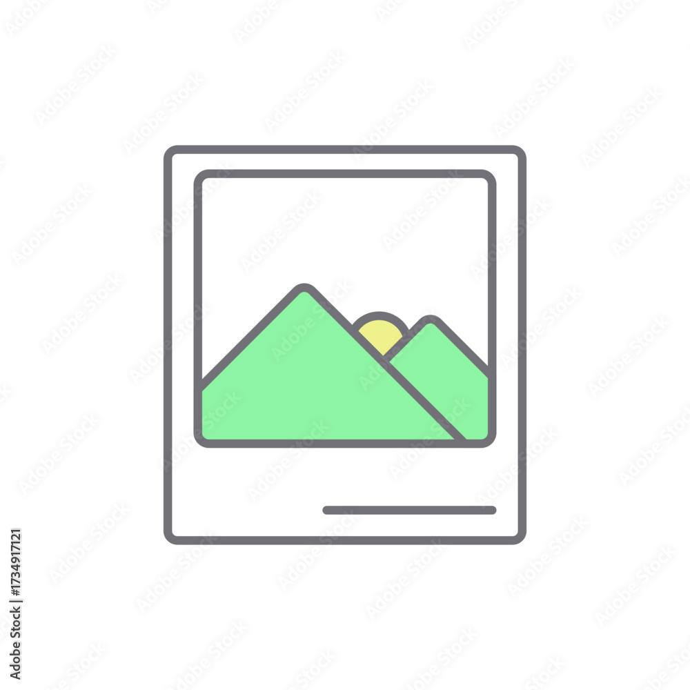 Fototapeta premium Linear Image Gallery Icon Featuring Minimalist Green Mountains and Sun Illustration