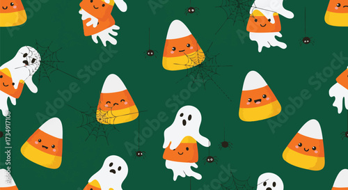 Cute seamless pattern featuring kawaii candy corn characters and playful ghosts against a dark green background for Halloween celebration