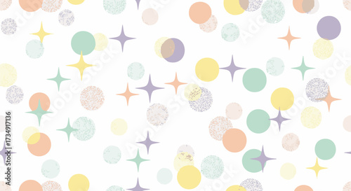 Cute seamless pattern featuring pastel circles and sparkling stars scattered randomly across a white background