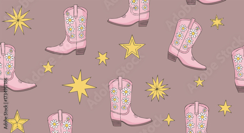 Cute seamless pattern with pink cowgirl boots decorated with daisies and yellow stars