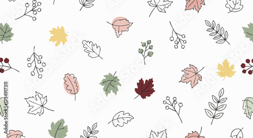 Doodle seamless pattern featuring colorful autumn leaves and berries scattered on white