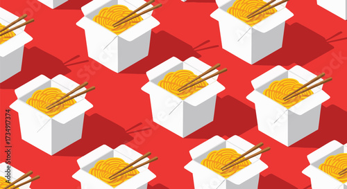 Dynamic seamless pattern of isometric Chinese take-out boxes with noodles and chopsticks on a bold red background