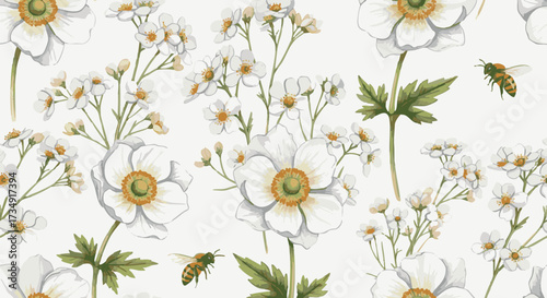 Elegant seamless pattern with white anemone flowers and bees on a white background. This floral design evokes a fresh, natural, and springtime mood