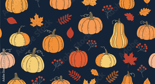 Hand-drawn seamless autumn pattern featuring colorful pumpkins, gourds, and fall foliage on a dark navy background